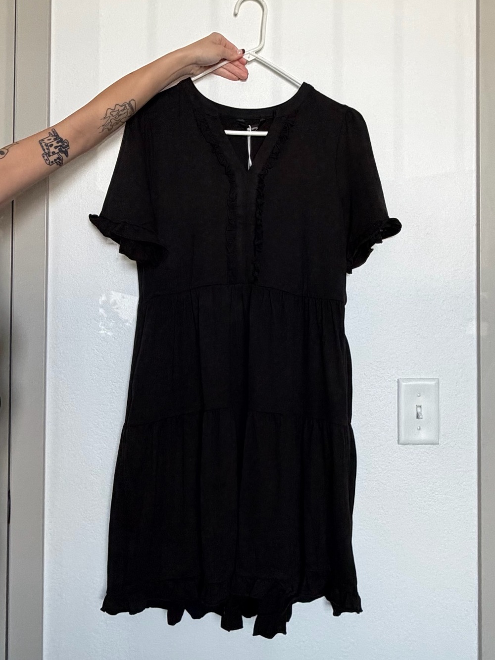 Black Tiered V-Neck Ruffle Dress